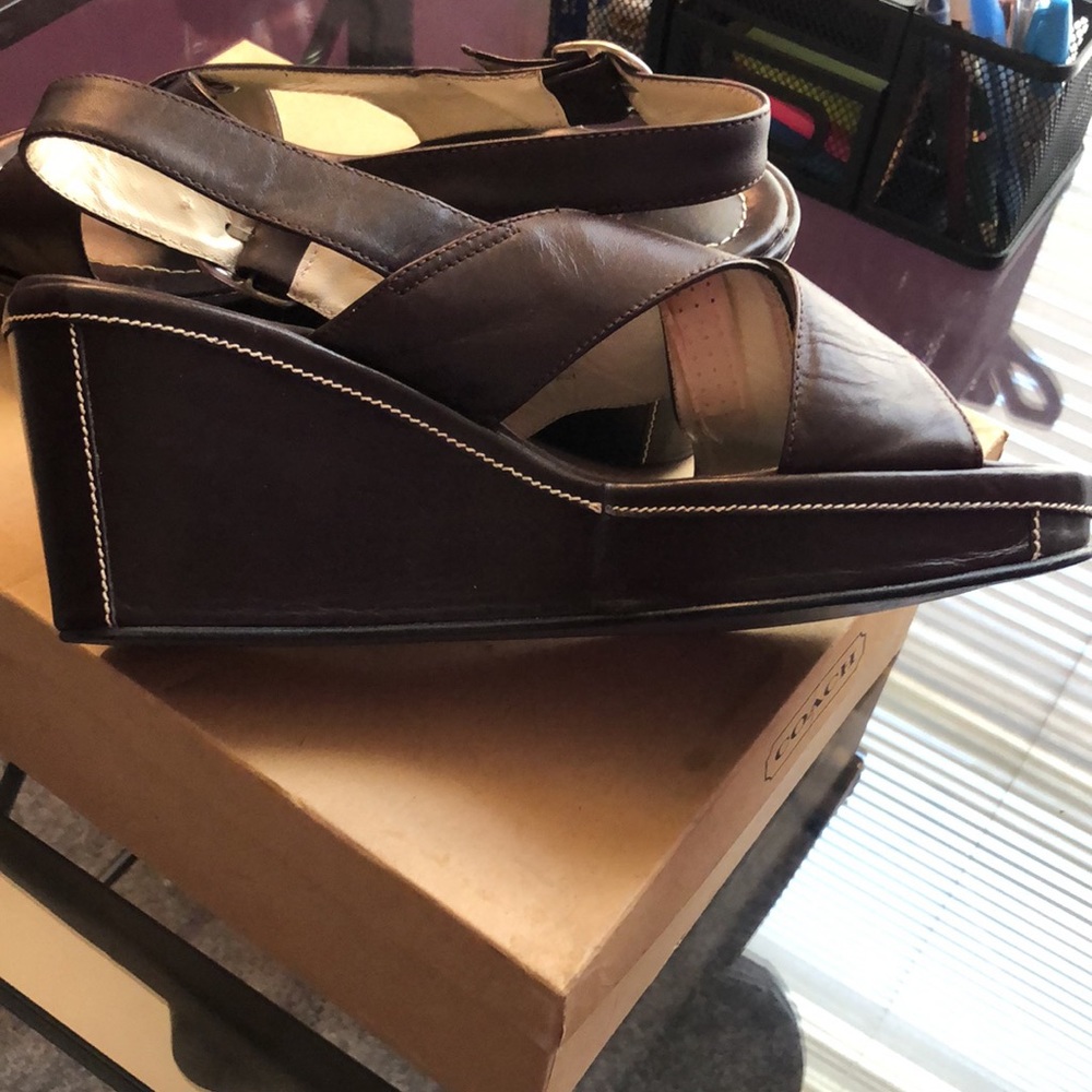 Coach Brown Leather Crisscross Wedge Sandals - Picture 4 of 6